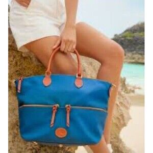 DOONEY & BOURKE Large Blue Nylon Leather Convertible Tote Satchel 90s Retro Y2K